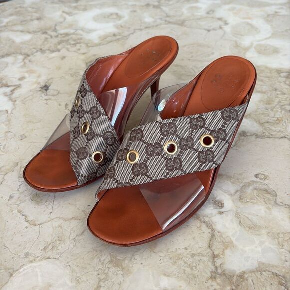 Gucci Vintage Beige/Brown GG Canvas, Leather & PVC Criss Cross Heeled Sandals - Picture 3 of 12